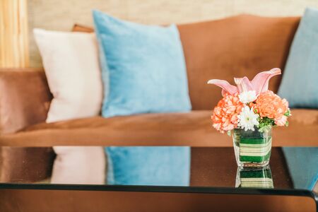 Flower vase decoration on table in livingroom interior - Vintage Filter effectの写真素材