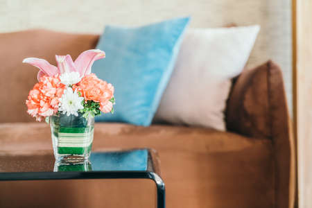 Flower vase decoration on table in livingroom interior - Vintage Filter effect