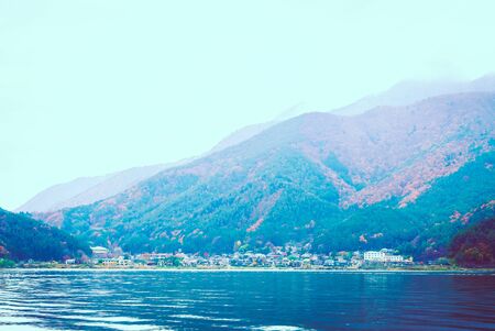 Beautiful Lake Kawaguchiko - vintage filterの写真素材