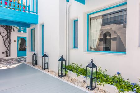 Beautiful Architecture building Exterior with santorini and greece style - Vintage light filterの写真素材