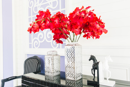 Beautiful vase flower decoration interior of livingroom - Vintage Film filterの写真素材