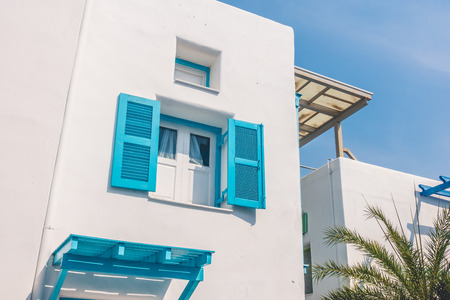 Beautiful Architecture building Exterior with santorini and greece style - Vintage light filterの写真素材