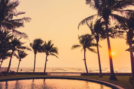 Silhouette palm tree on the beach and sea around beautiful luxury swimming pool in sunset - Vintage Filter and Boost up color Processingのeditorial素材