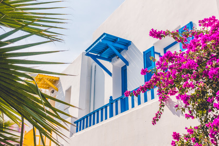 Beautiful Architecture building Exterior with santorini and greece style - Vintage light filterの写真素材