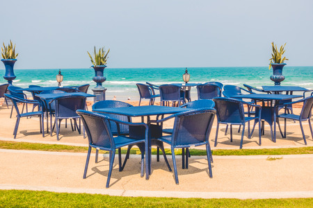 Empty table and chair around beach background - Vintage Filterの写真素材