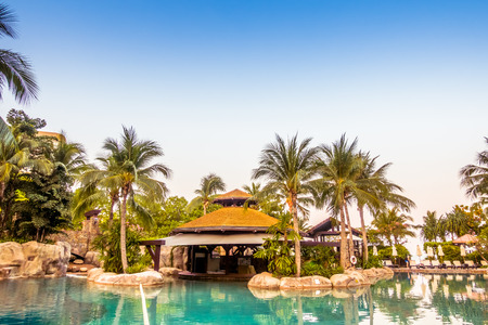 Umbrella and chair around luxury swimming pool landscape with palm tree in hotel resort - Vintage Filter and Boost up color Processingのeditorial素材