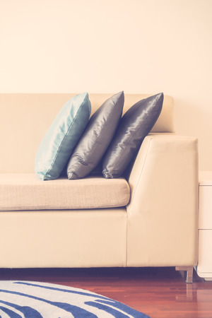 Beautiful luxury pillow on sofa decoration in living room interior - Vintage Light Filterの写真素材