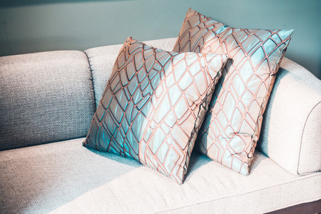 Beautiful luxury Pillow on sofa decoration in living room interior - Vintage Light Filterの写真素材