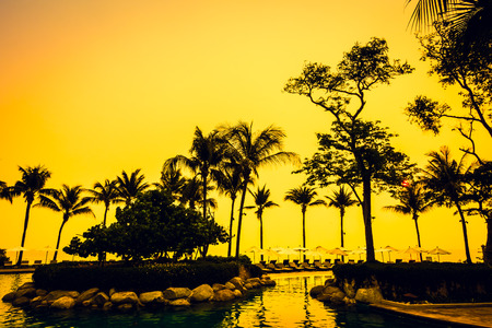Beautiful Silhouette luxury umbrella and chair around swimming pool in hotel pool resort with coconut palm tree at sunrise times - Vintage Filter and Boost up color Processingのeditorial素材