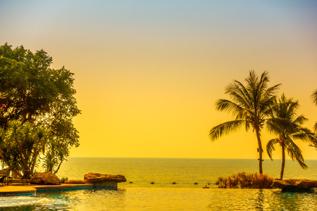 Beautiful luxury Swimming pool with palm tree and sea background in hotel pool resort - Vintage Filter Boost up color Processingの写真素材