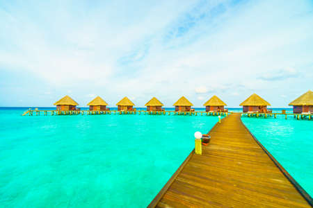 Beautiful tropical Maldives island with beach and sea for nature holiday vacation background concept -Boost up color Processingの写真素材