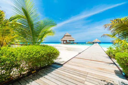 Beautiful tropical Maldives resort hotel and island with beach and sea on sky for holiday vacation background concept - Boost up color Processingのeditorial素材