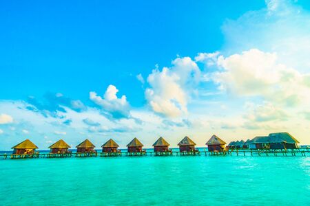 Beautiful tropical Maldives island with beach and sea for nature holiday vacation background concept -Boost up color Processingのeditorial素材