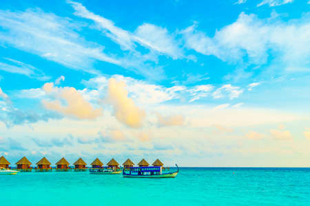Beautiful tropical Maldives island with beach and sea for nature holiday vacation background concept -Boost up color Processingのeditorial素材
