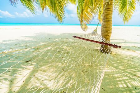Beautiful tropical beach and sea in maldives island with coconut palm tree and blue sky backgroundの写真素材