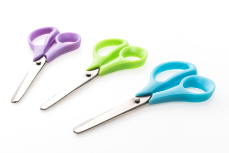 Plastic Colorful scissor isolated on white backgroundの写真素材
