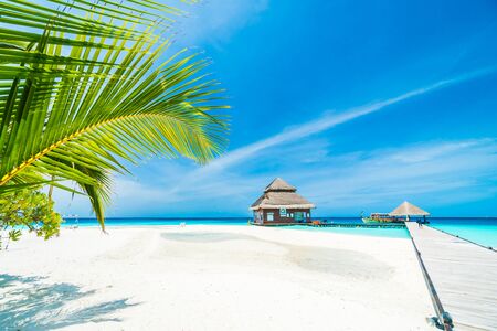 Beautiful tropical Maldives resort hotel and island with beach and sea on sky for holiday vacation background concept - Boost up color Processingの写真素材