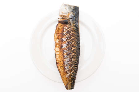 Grilled saba fish with sweet sauce in white plate isolated on white background