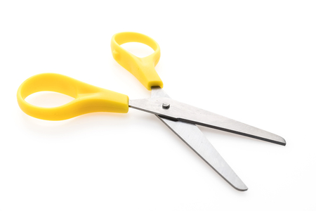 Plastic Colorful scissor isolated on white backgroundの写真素材
