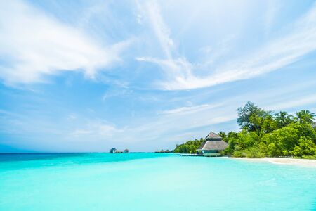 Beautiful tropical Maldives resort hotel and island with beach and sea on sky for holiday vacation background concept - Boost up color Processingのeditorial素材