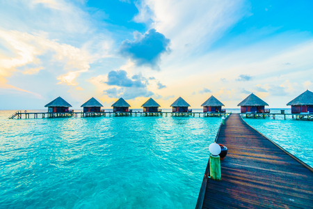 Beautiful tropical Maldives resort hotel and island with beach and sea on sky for holiday vacation background concept -Boost up color Processingのeditorial素材