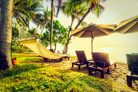 Beautiful coconut palm tree on the beach and sea with umbrella and chair on sunrise time - Vintage Filterの写真素材