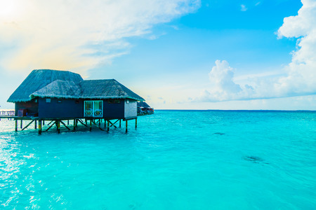 Beautiful tropical Maldives resort hotel and island with beach and sea on sky for holiday vacation background concept -Boost up color Processingのeditorial素材