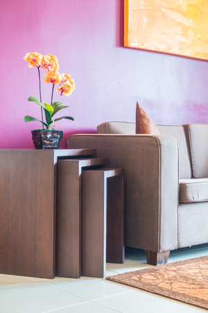 Pillow on sofa decoration interior of living room with flower vaseの写真素材