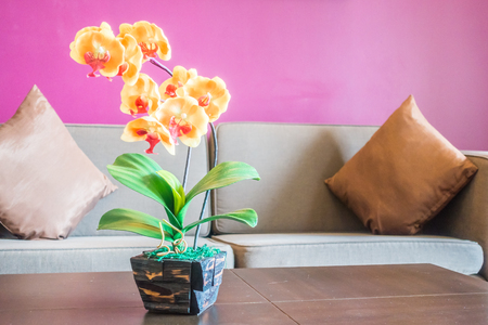 Pillow on sofa decoration interior of living room with flower vaseの写真素材