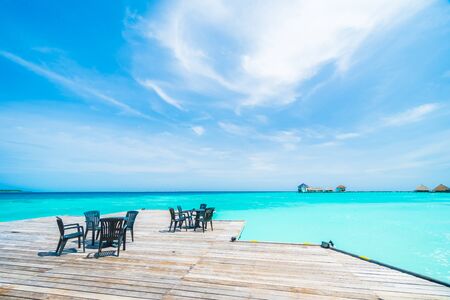 Beautiful tropical Maldives resort hotel and island with beach and sea on sky for holiday vacation background concept - Boost up color Processingのeditorial素材
