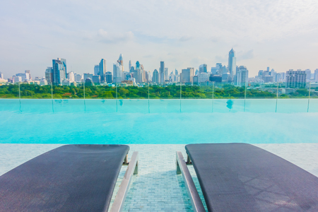 Outdoor swimming pool with city viewのeditorial素材
