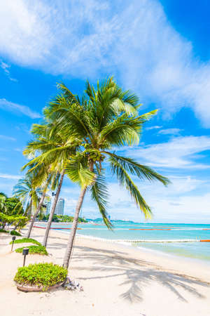 Beautiful tropical beach and sea with coconut palm tree on blue sky backgroundの写真素材