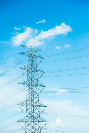 electricity pole on blue sky backgroundの写真素材