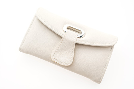 White leather wallet bag isolated on white backgroundの写真素材