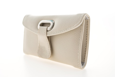 White leather wallet bag isolated on white backgroundの写真素材