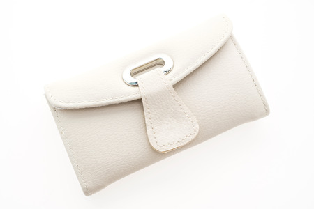 White leather wallet bag isolated on white backgroundの写真素材