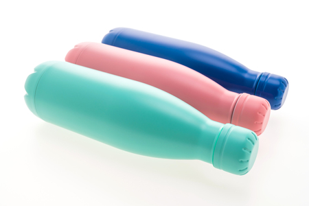 Stainless vacuum flask and thermal bottle isolated on white backgroundの写真素材