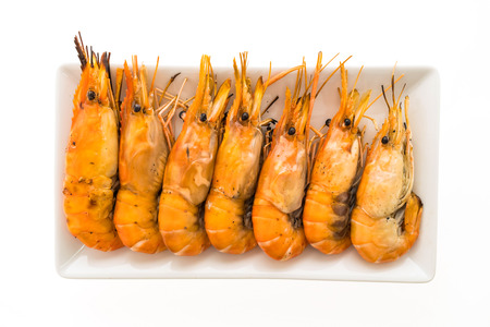 Grilled Prawn and shrimp in white plate isolated on white background - Seafood styleの写真素材