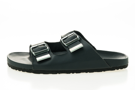 Men leather sandal and flip flop shoes isolated on white backgroundの写真素材