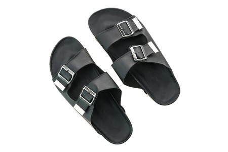 Men leather sandal and flip flop shoes isolated on white backgroundの写真素材