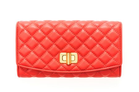 Beautiful luxury Red leather women wallet isolated on white backgroundの写真素材