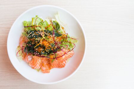 Salmon salad in white plate - Japanese style and healthy foodの写真素材
