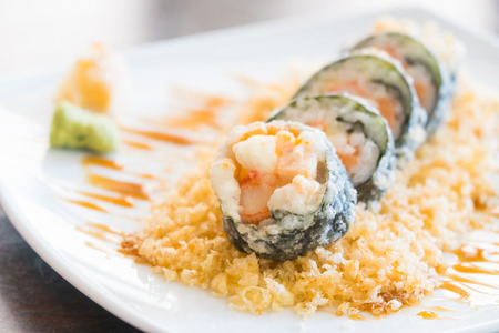 Selective focus point on Tempura sushi maki in white plate - Japanese food styleの写真素材