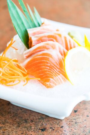 Raw fresh Salmon sashmi in white plate - Japanese food styleの写真素材