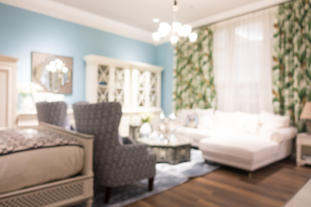 Abstract blur bedroom furniture shop and store interior for backgroundの写真素材