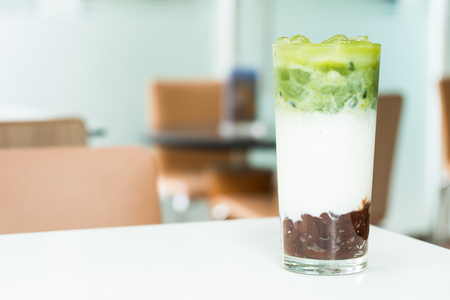 Iced macha green tea latte glassの写真素材