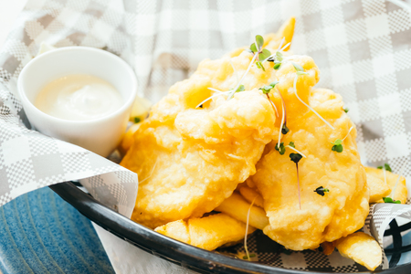 Fried fish and chips with sauce - Color Filter Processingの写真素材