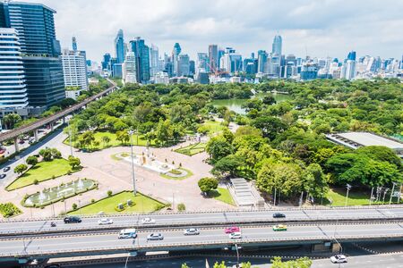 Beautiful office building tower and architecture in bangkok city skyline of Thailandの写真素材