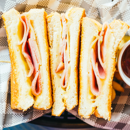 Sandwich with ham cheese and french fries and tomato sauce - Color Filter Processingの写真素材