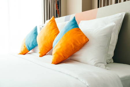 Pillow on bed decoration interior of bedroomの写真素材